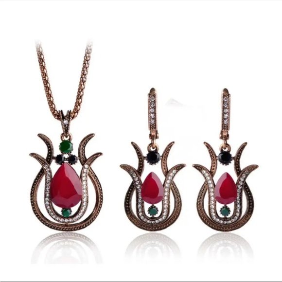 Vintage Style Red Tulip Flower Pendant Necklace Earrings Jewelry Set - Picture 4 of 8